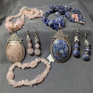 Blue Sodalite & Pink Quartz Pendant Necklace Earrings Jewelry 2 Matched Sets